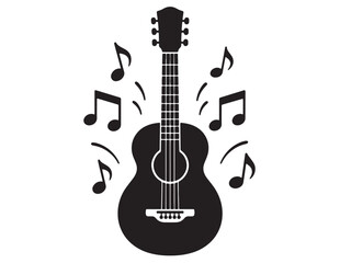 Obraz premium Acoustic guitar vector icon, musical instrument illustration, black silhouette guitar with music notes, creative design element for music-themed projects