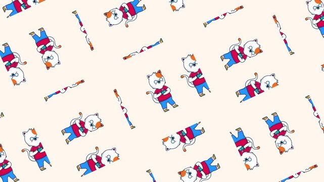 Cute cat drink coffee seamless pattern looping animation