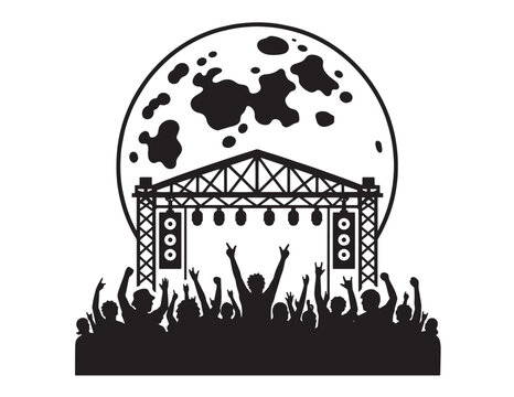 Dynamic music concert stage, full moon backdrop, vibrant rock festival crowd silhouette, live event vector illustration for entertainment and nightlife designs