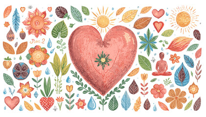 A vibrant, hand-drawn illustration featuring a large, textured red heart at its center, surrounded by a whimsical collection of natural elements, symbols of well-being, and decorative motifs. © minato
