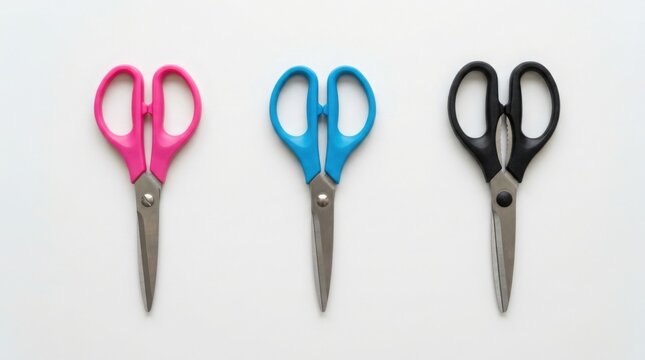 Three pairs of colorful scissors with patterned blades arranged in a row on a white background