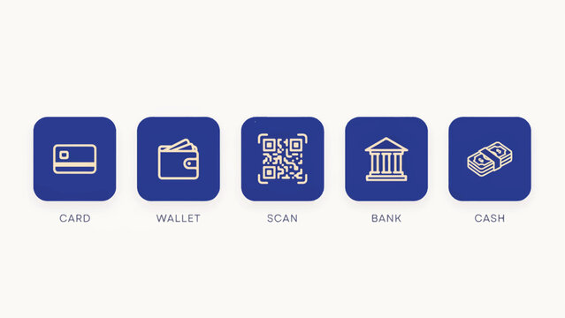 Vector illustration of various financial and payment icons in blue squares