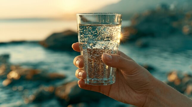  Gros plan d'une main tenant un verre d'eau min&eacute;rale fra&icirc;che et p&eacute;tillante au coucher du soleil. Concept d'hydratation naturelle avec vitamines et min&eacute;raux dans la nature