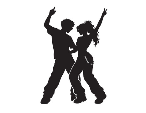 Dynamic black silhouette of a dancing couple, energetic male and female dancers in a modern pose, expressive dance moves for party and event promotions, a vibrant vector graphic.