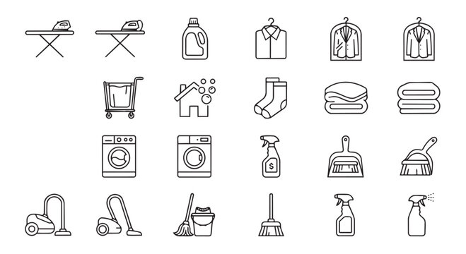 Household laundry and cleaning icons set including ironing board washing machine vacuum cleaner and sprays