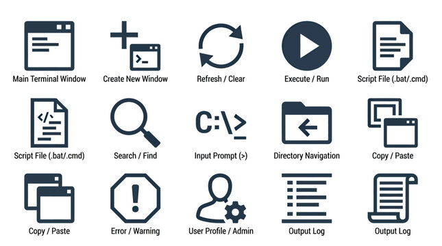 Collection of computer command line interface icons for digital applications