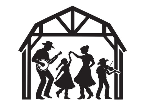 Country music family silhouette, barn dance vector illustration, folk music performance, rustic farm entertainment, traditional American culture graphic