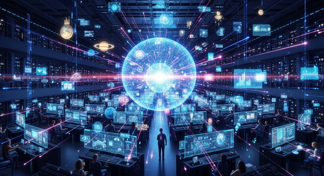 Digital Infrastructure Hub Featuring Centralized Neural Network Processing and Advanced Data Visualization in a High-Tech Computing Environment