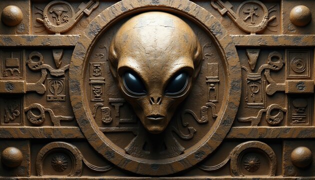 Ancient alien face bas relief carving on stone wall surface. Mysterious extraterrestrial head sculpture with detailed cosmic symbols, hieroglyphs. Dark brown artifact exhibits intricate