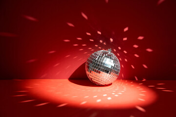 Fototapeta premium Shiny disco ball, also known as mirror ball, on a red surface with scattered light reflections. Disco ball decoration with light reflections on vibrant red background