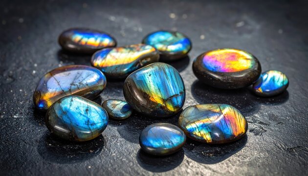 Collection of small tumbled labradorite stones displaying unique iridescent flashes of blue, green, and gold light