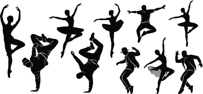 Collection of black silhouette dancers including ballet, hip hop, and breakdance on a white background