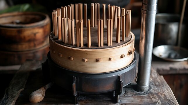 Close up of a putu cake steamer with wooden mold pins and a metal tube in a rustic configuration