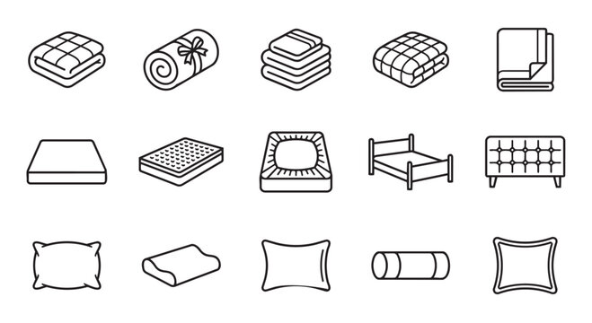 Bedding and sleep accessories line icon set for bedroom and interior design with blankets mattress furniture