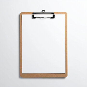 Minimalist top-down view of a classic brown hardboard clipboard with a blank white sheet of paper on a white background.