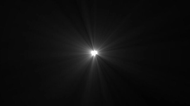 Radiant white starburst light flare effect with dynamic glowing rays and pulsing optical lens distortion for cinematic visual overlays, motion backgrounds, and high-end digital compositing