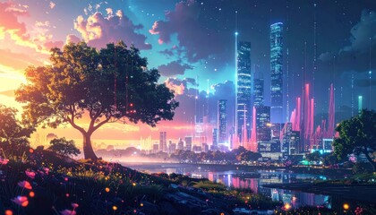Obraz premium Futuristic city skyline with blooming park at sunset.