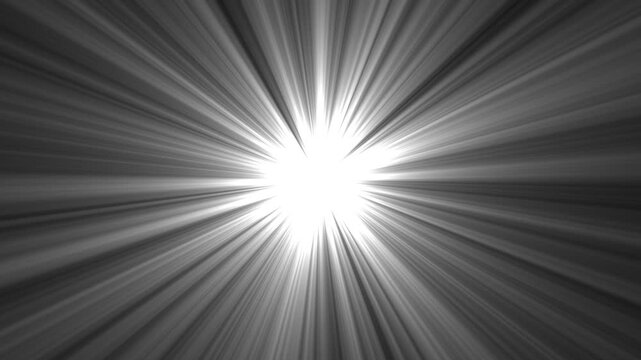 Radiant monochrome light burst background, featuring dynamic sunburst, rays and glowing, star flare effects, for cinematic motion, abstract visual transitions, and high-energy digital presentations