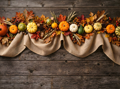 Autumnal burlap garland with pumpkins. Fall decoration with leaves and gourds. Seasonal rustic table runner