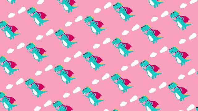 Cute dinosaur wear superhero costume seamless pattern looping animation