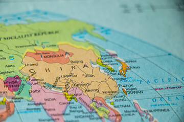 Fototapeta premium Map of China on world map. Wonderlust or tour or travel concept.