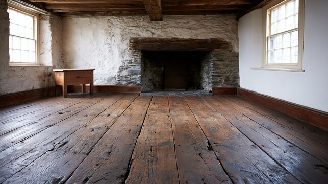Rustic wooden plank floor in an empty vintage room with stone fireplace and natural light