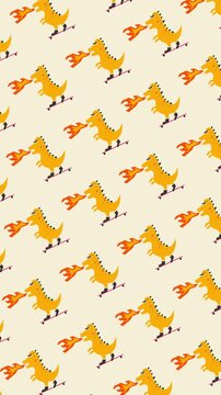 Vertical Cute dinosaur riding a skateboard seamless pattern looping animation