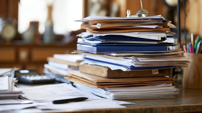 Overwhelmed office desk piled high with messy stacks of paperwork and documents, cluttered workspace