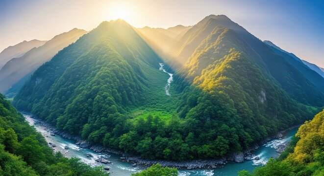 Majestic mountain landscape with a winding river and a waterfall flowing down green slopes under a bright sunlit sky