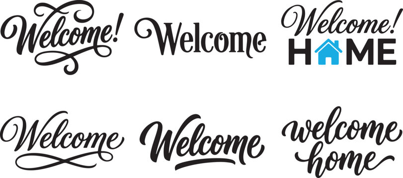 Collection of decorative welcome typography lettering designs featuring elegant calligraphic scripts and modern minimalist styles for home decor with distinct typographic designs