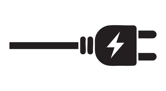 Electrical power plug with cable and lightning bolt symbol icon on transparent grid background.