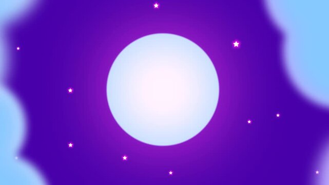 Dreamy Night Sky Background with Giant Glowing Full Moon, Animated Soft Blue Clouds and Pink Twinkling Stars, Fantasy Magical Night 4K 60fps Video Animation