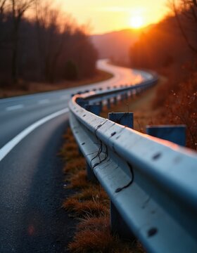 Empty asphalt road curves through forest at bright sunrise. Metal guardrail runs along roadside in morning light. Scenic highway path leads towards distant horizon. Travel journey adventure concept