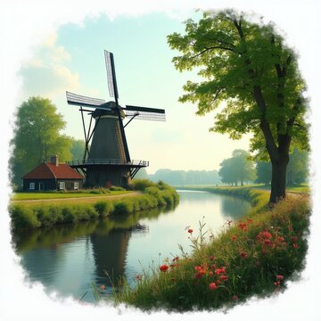 Old dutch windmill stands beside calm canal. Green grassy bank with red poppies blooms. Small house sits near mill. Blue sky over rural landscape.