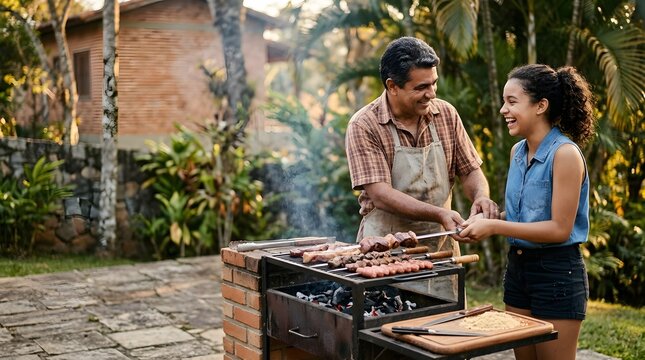 Father and Daughter BBQ: A man and his daughter are grilling skewers of meat over a brick barbecue pit in a sunny backyard, enjoying a summer afternoon together.