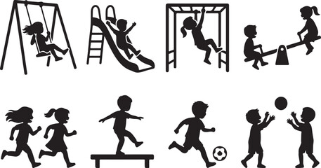 Set of black silhouette depicting children playing on playground equipment, including swings, slides, monkey bars, and ball games © SH STORE