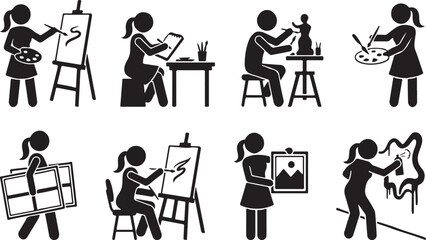 Set of and painting featuring stick figures on canvases, sculpting, holding palettes, and creating graffiti murals © SH STORE