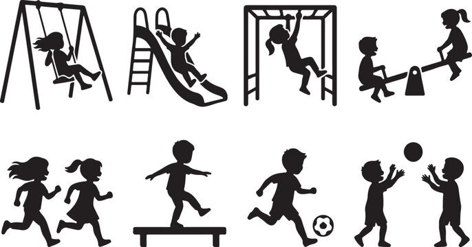 Set of black silhouette depicting children playing on playground equipment, including swings, slides, monkey bars, and ball games