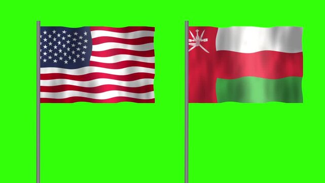 Flag of Oman and USA, Pole flag of Oman and USA on Green screen chroma key, Oman and USA flag waving.
