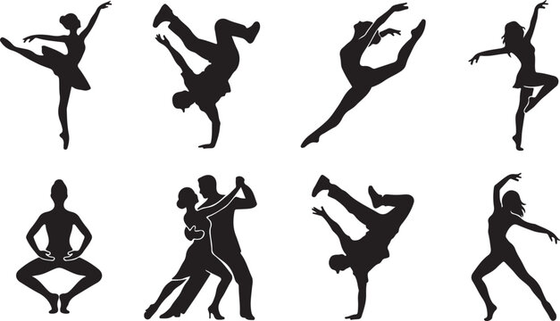 Set of dance featuring stick figure silhouettes performing ballet, breakdancing, ballroom, and various artistic dance movements