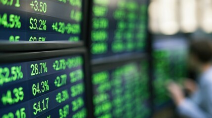 Fototapeta premium Green Digital Stock Market Tickers Displaying Financial Data with Trader in Blurred Background