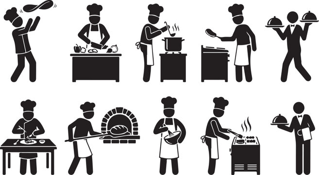 Collection of black silhouette featuring chefs and kitchen staff performing various cooking tasks, food preparation, and serving meals