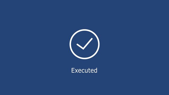 Animated checkmark with executed text label on a clean dark blue background, corporate presentations, task management software interfaces, and digital workflow completion ui