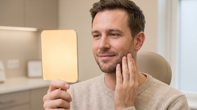 Satisfied man looking in mirror after cosmetic treatment