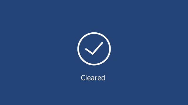 Minimalist animated checkmark with cleared text label on a solid navy blue background, user interface digital approval systems, and corporate workflow notifications