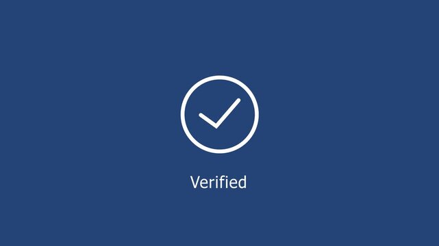 Verified checkmark animation on deep blue background, for corporate identity, digital security, assurance, trust signals, approval, status, and business communication