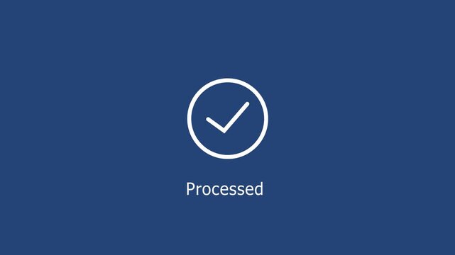 Minimalist animated checkmark with processed text label on a solid deep blue background, for user interface, software completion status, and digital task, management systems