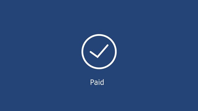 Minimalist paid status animation with checkmark symbol on a clean dark blue background, for e-commerce, financial, transactions, subscription confirmation, and digital payment, interface ui