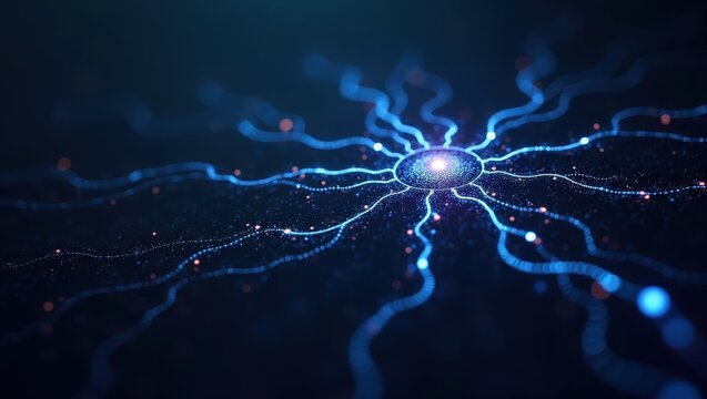 Abstract glowing neural network with blue AI connections and digital data flow background