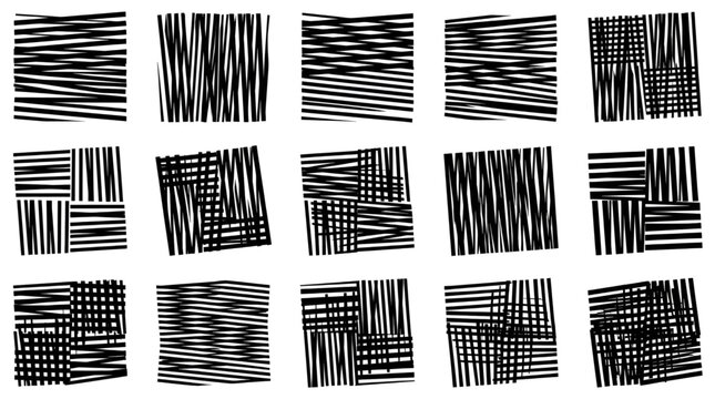 Abstract striped patterns representing geometric designs in black and white.